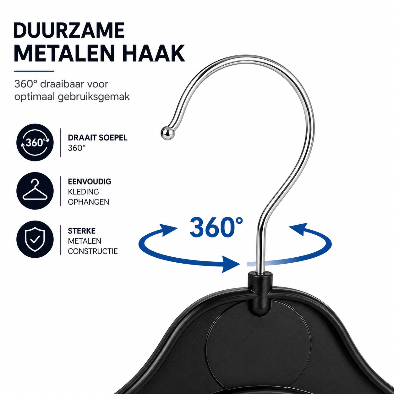 360 graden draaibare metalen haak van zwarte kunststof kledinghanger K43