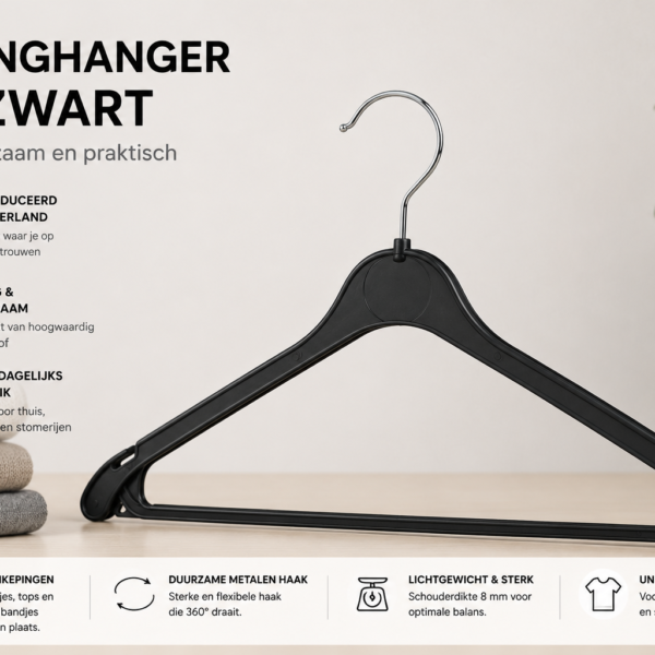 Kledinghanger K43 zwart met dubbele inkepingen en metalen haak – producteigenschappen overzicht