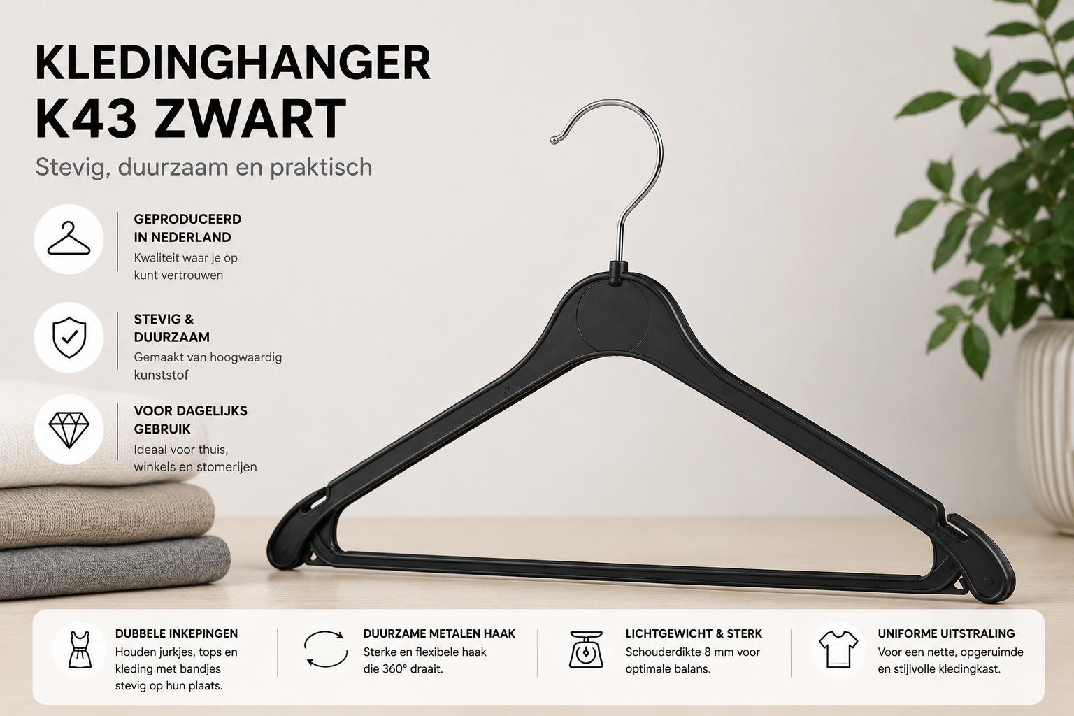 Kledinghanger K43 zwart met dubbele inkepingen en metalen haak – producteigenschappen overzicht