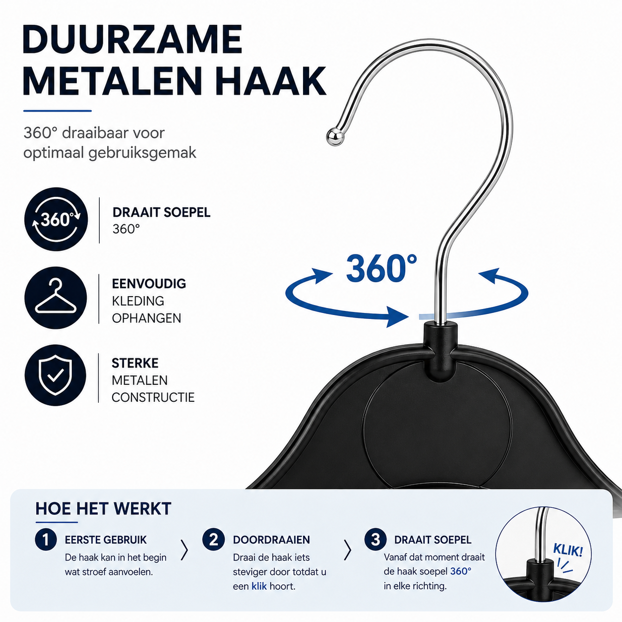 360 graden draaibare metalen haak van zwarte kunststof kledinghanger K43