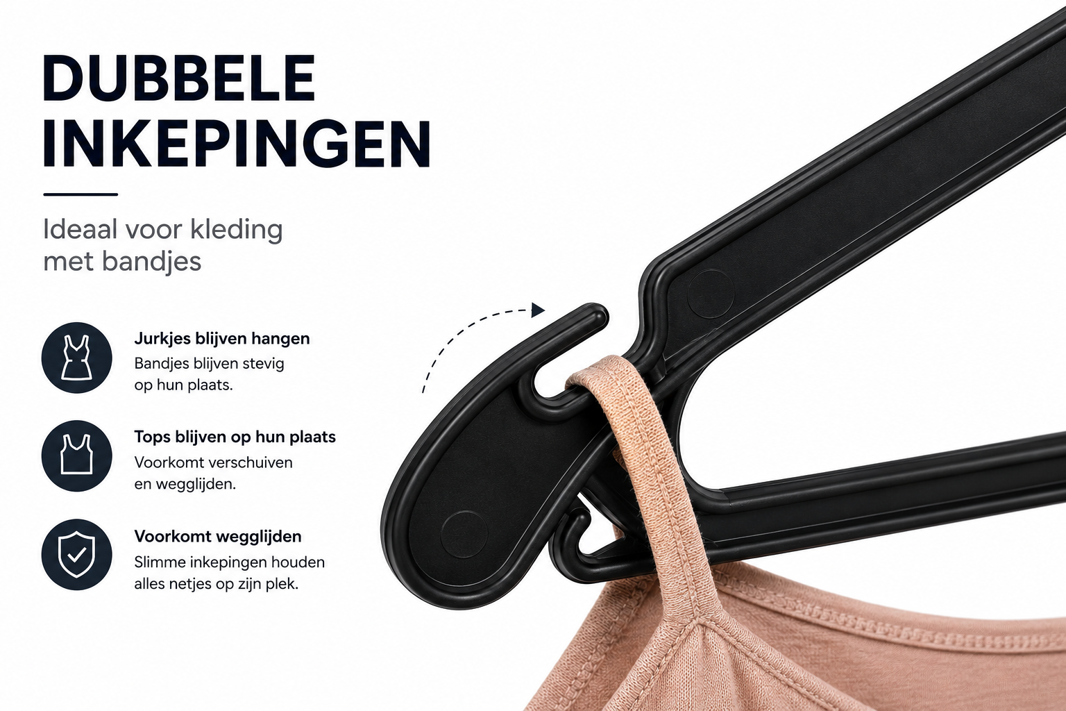 Dubbele inkepingen op zwarte kunststof kledinghanger K43 voor kleding met bandjes