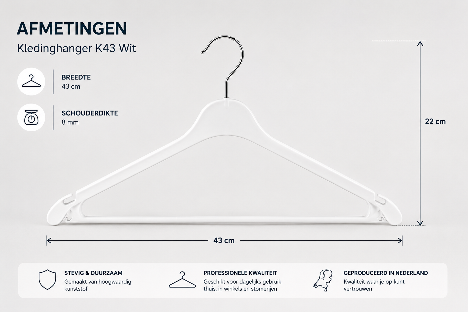 Afmetingen van witte kunststof kledinghanger K43 43 cm breed